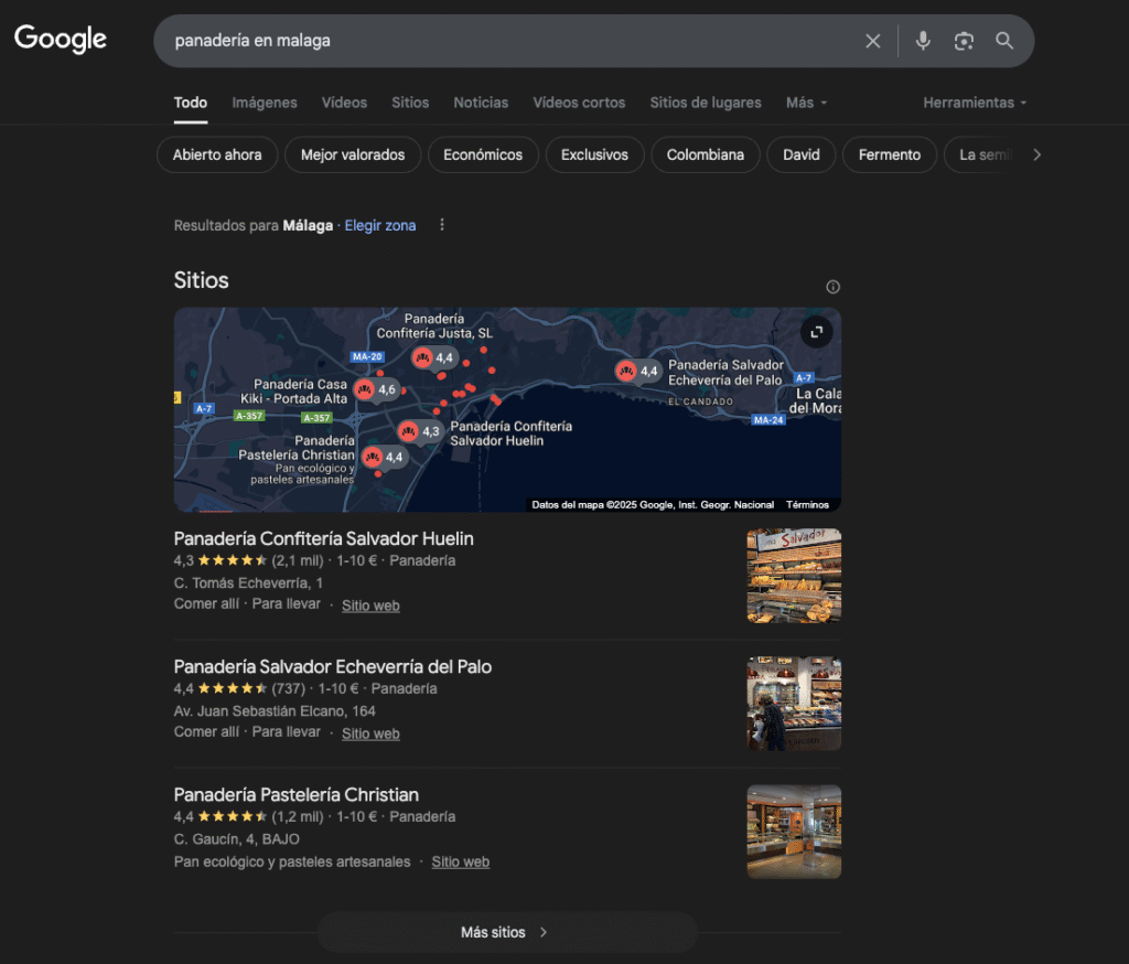 ejemplo de resultados locales en Google (local pack)