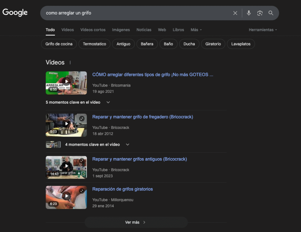 ejemplo de resultados de vídeo en Google