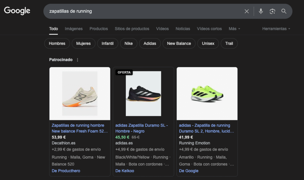 Ejemplo de Resultado SERP de Compras (Google Shopping)