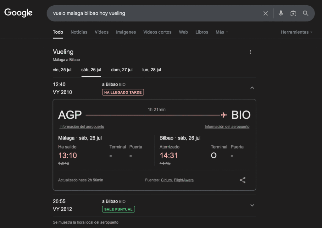 Ejemplo de resultado específico, en este caso información de un vuelo