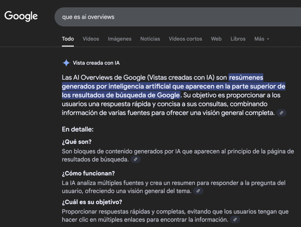ejemplo de un resultado de AI Overviews